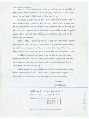 Letter from Ruth Dee Simpson to the crew who worked the Calico Site