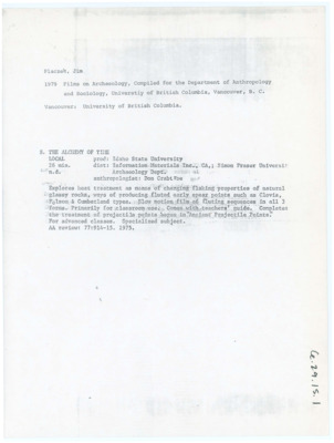 Typewritten list from Jim Placzek collecting a list of films on archaeology. The Alchemy of Time film is listed.