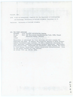 Typewritten list from Jim Placzek collecting a list of films on archaeology. The First Americans film is listed.