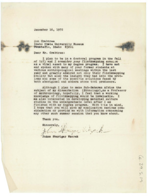 Application for lithic field school from JoAnn Shurigar Wzorek