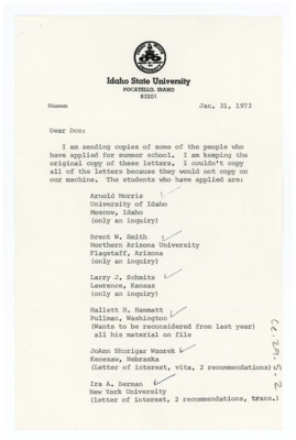 Typewritten list of applicants for the summer field school with a list of what things they included.