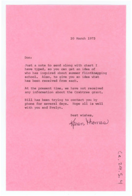 Letter from Karen Thomas to Donald Crabtree