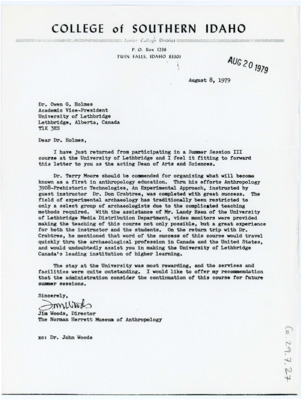 Letter from Jim Woods to Owen Holmes