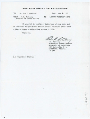 Letter from C. H. McCleary to Donald Crabtree
