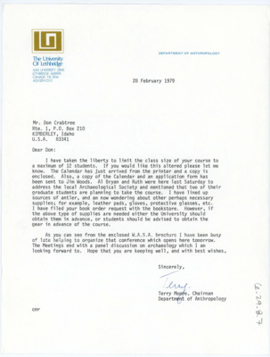 Typewritten letter from Terry Moore to Donald Crabtree regarding the summer session course.