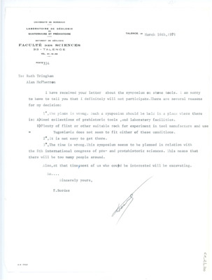 Letter from Francois Bordes to Ruth Tringham and Alan McPherron