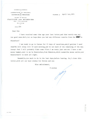 Letter from Francois Bordes to Don and Evelyn Crabtree