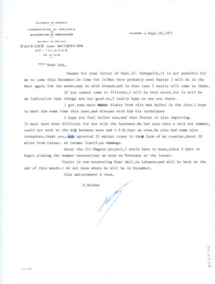 Letter from Francois Bordes to Don Crabtree
