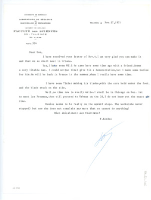 Letter from Francois Bordes to Don Crabtree