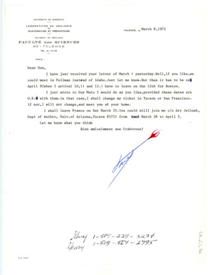 Letter from Francois Bordes to Don Crabtree