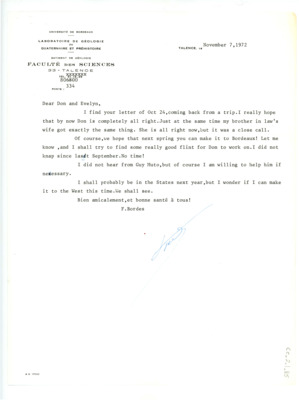 Letter from Francois Bordes to Don and Evelyn Crabtree