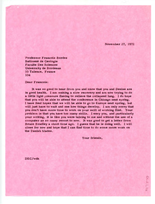 Letter assumedly from Don and Evelyn Crabtree to Francois Bordes