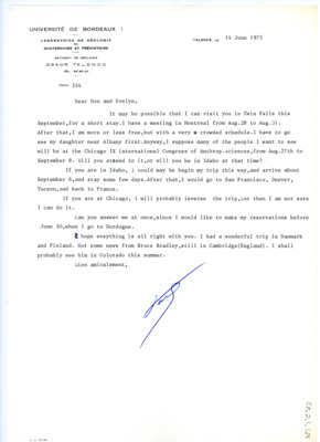 Letter from Francois Bordes to Don and Evelyn Crabtree