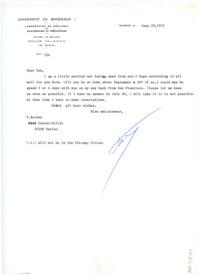 Letter from Francois Bordes to Don Crabtree