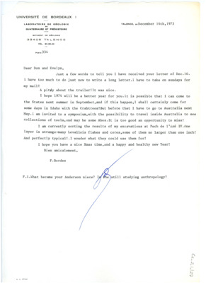 Letter from Francois Bordes to Don and Evelyn Crabtree