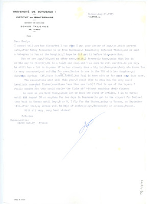 Letter from Francois Bordes to Evelyn Crabtree