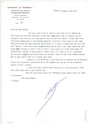 Letter from Francois Bordes to Don and Evelyn Crabtree