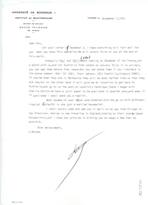 Letter from Francois Bordes to Don Crabtree