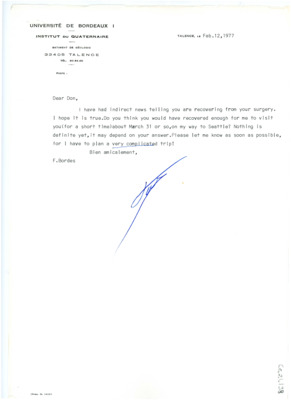 Letter from Francois Bordes to Don Crabtree