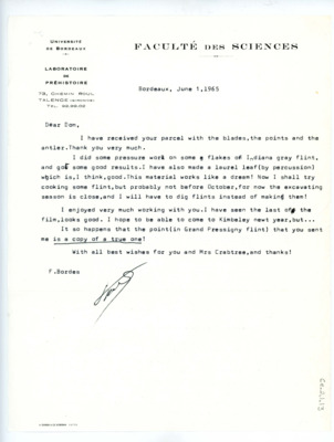 Letter from Francois Bordes to Don Crabtree