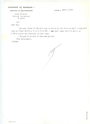 Letter from Francois Bordes to Don Crabtree