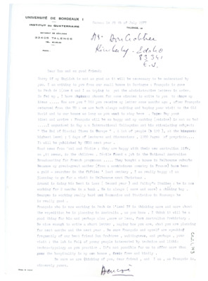 Letter from Denise Sonneville-Bordes to Don Crabtree