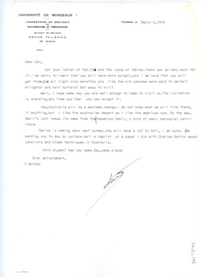 Letter from Francois Bordes to Don Crabtree