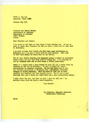 Letter from Don Crabtree to Francois Bordes and Denise Sonneville-Bordes