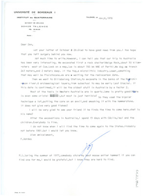 Letter with envelope from Francois Bordes to Don Crabtree