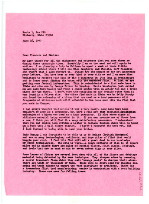 Letter from Don Crabtree to Francois Bordes and Denise Sonneville-Bordes