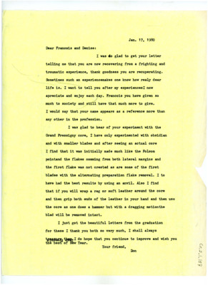 Letter from Don Crabtree to Francois Bordes and Denise Sonneville-Bordes