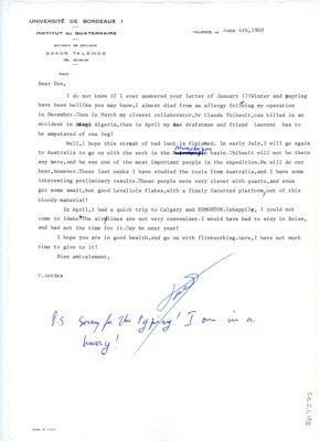 Letter from Francois Bordes to Don Crabtree