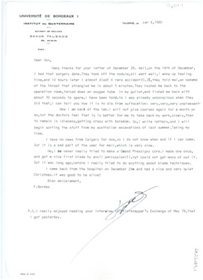 Letter with envelope from Francois Bordes to Don Crabtree