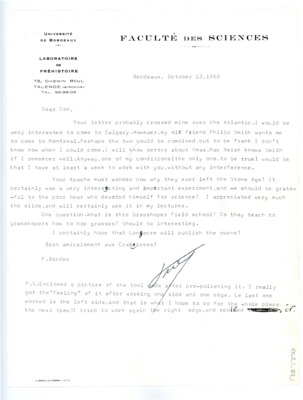 Letter and photograph from Francois Bordes to Don Crabtree