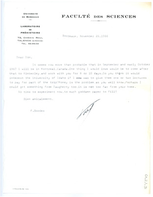 Letter from Francois Bordes to Don Crabtree