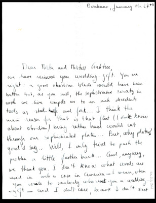 Letter with envelope from Georges and Marie Bordes to Don and Evelyn Crabtree