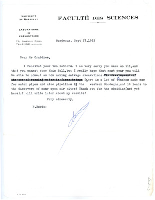 Letter from Francois Bordes to Don Crabtree
