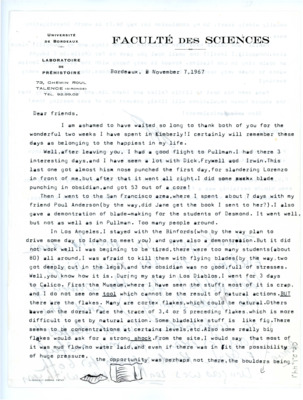 Letter from Francois Bordes to Don Crabtree, and another attached letter to Marie Wormington