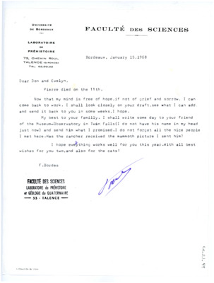 Letter from Francois Bordes to Don and Evelyn Crabtree