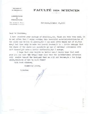 Letter from Francois Bordes to Don Crabtree