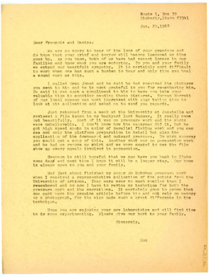 Letter from Don Crabtree to Francois Bordes and Denise Sonneville Bordes