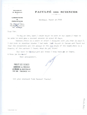 Letter from Francois Bordes to Don Crabtree with illustrated diagrams