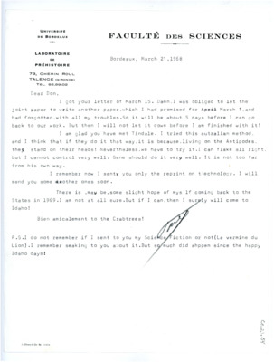 Letter from Francois Bordes to Don Crabtree