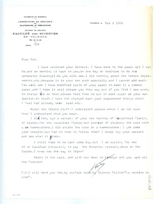 Letter from Francois Bordes to Don Crabtree