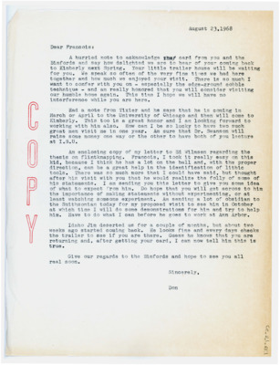 Two letters, one from Don Crabtree to Francois Bordes, and the other from Francois Bordes to Don Crabtree