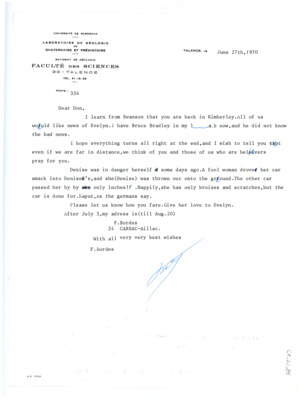 Letter from Francois Bordes to Don Crabtree