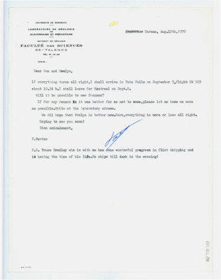 Letter from Francois Bordes to Don and Evelyn Crabtree