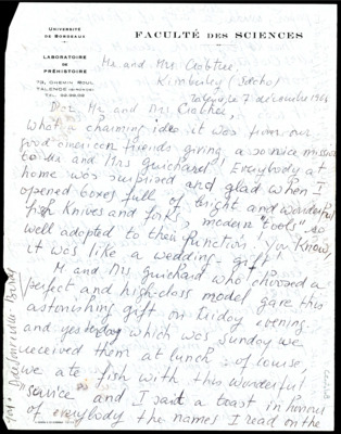 Letter from Bordes' spouse, Denise de Sonneville-Bordes, to Don and Evelyn Crabtree