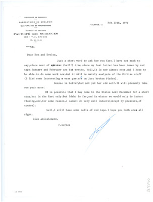 Letter from Francois Bordes to Don and Evelyn Crabtree