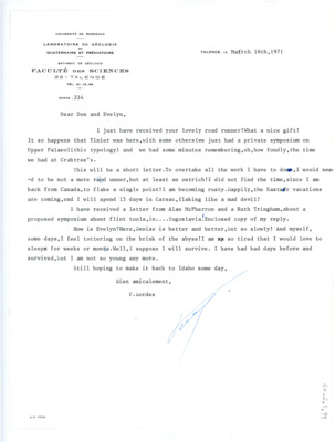 Letter from Francois Bordes to Don and Evelyn Crabtree